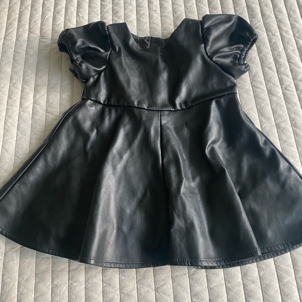GAP Black Faux Leather Puff Sleeve Dress